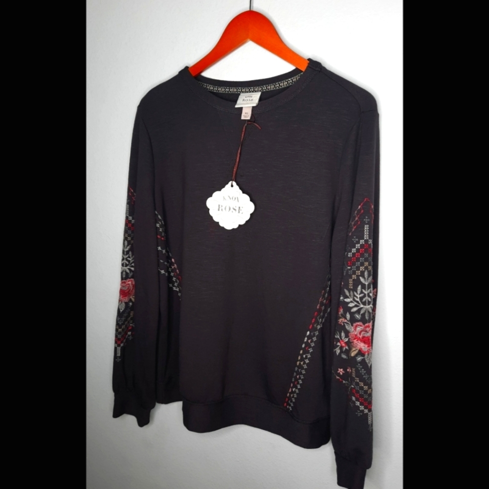 Knox Rose XL Women's Gray Floral  Embroidered Longsleeve Pullover Sweater NWT